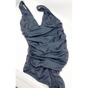 J. Crew Womens Plunge V Neck Runched One-Piece Swimsuit 27659 Nylon Black SZ 10